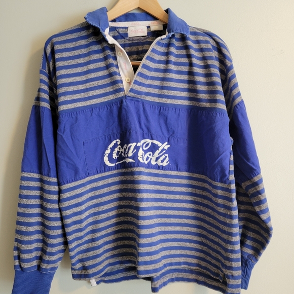 Vintage Tops - Vintage 80's Coca Cola Blue & Grey Striped Rugby Shirt